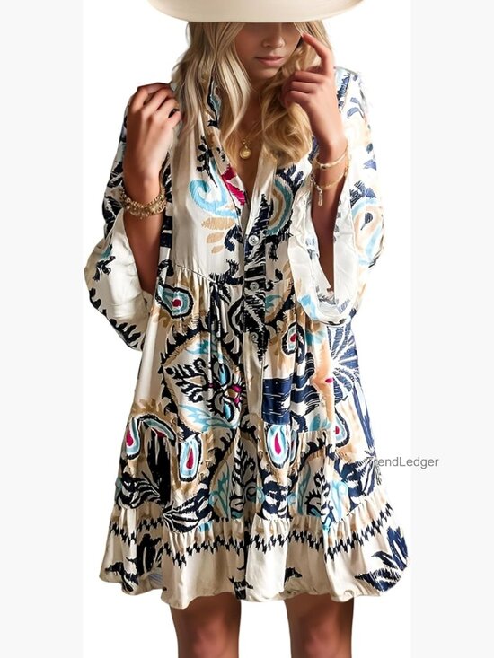 Dresses & Skirts - Flowy Babydoll Boho Mini Dress with 3/4 Sleeves and Tiered Hem